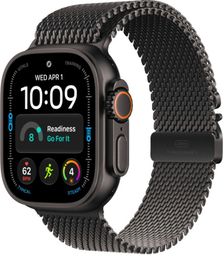 Apple Watch Ultra 4 (2026), 49 мм, корпус из титана цвета «Black», ремешок Titanium Milanese Loop цвета «Black», чёрный